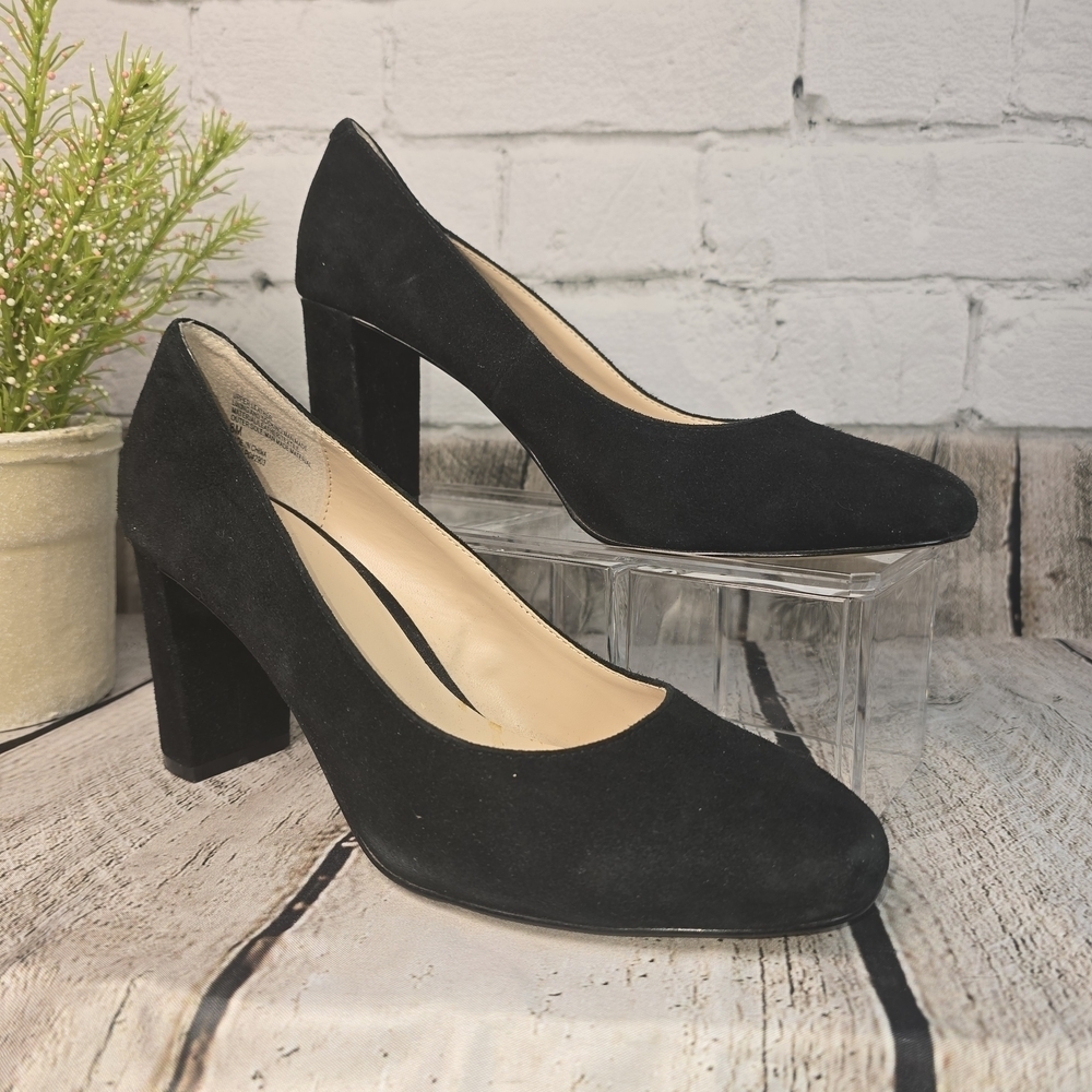 J.JILL BLACK SUEDE LEATHER ROUND TOE SLIP-ON HIGH BLOCK HEEL SHOES WOMENS 8